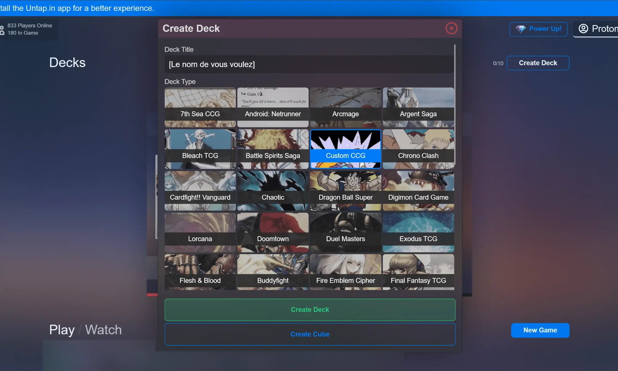 interface de création du deck